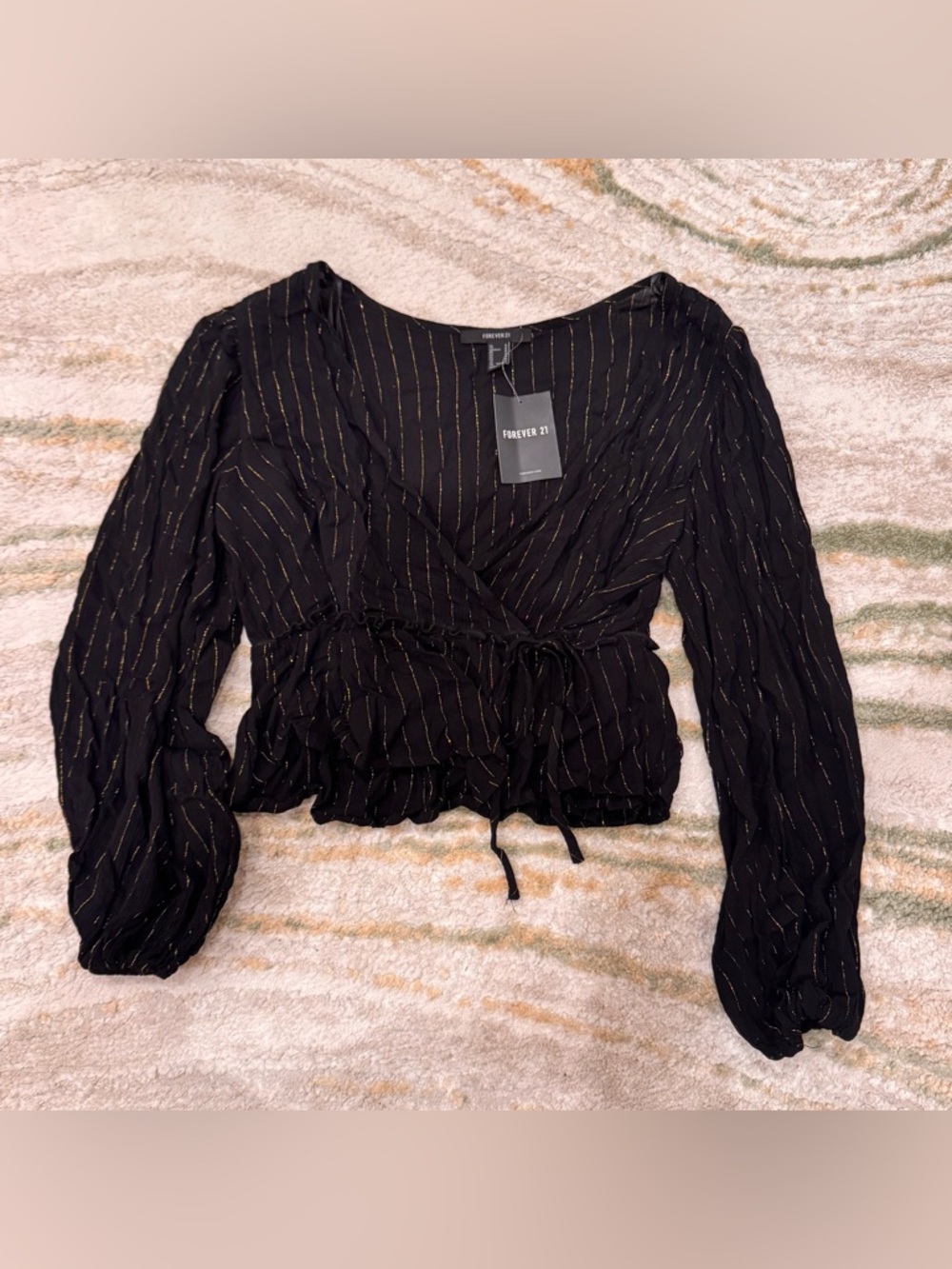 Forever 21 Black Wrap Blouse with Metallic Gold Pinstripes
